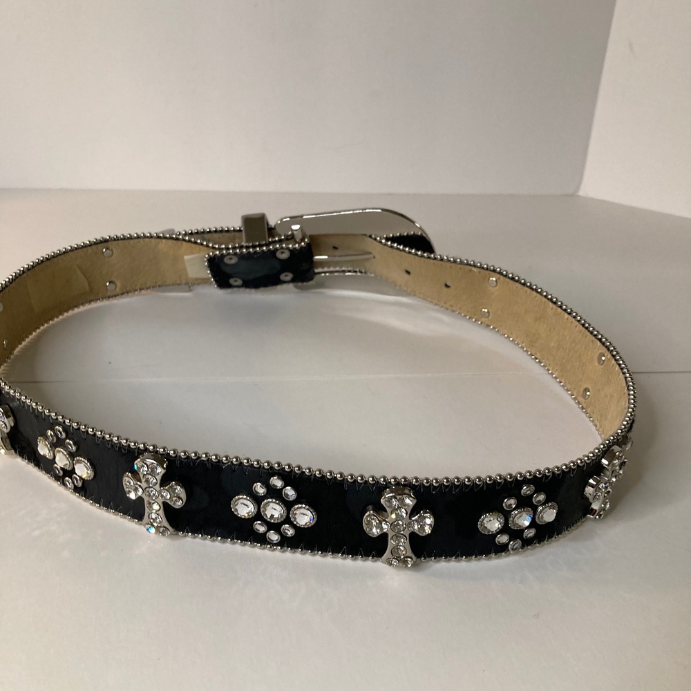 Vintage 1849 Authentic Ranchwear Rhinestone Cross Calfhair Belt 34-L Black 1.5"W - Picture 9 of 12